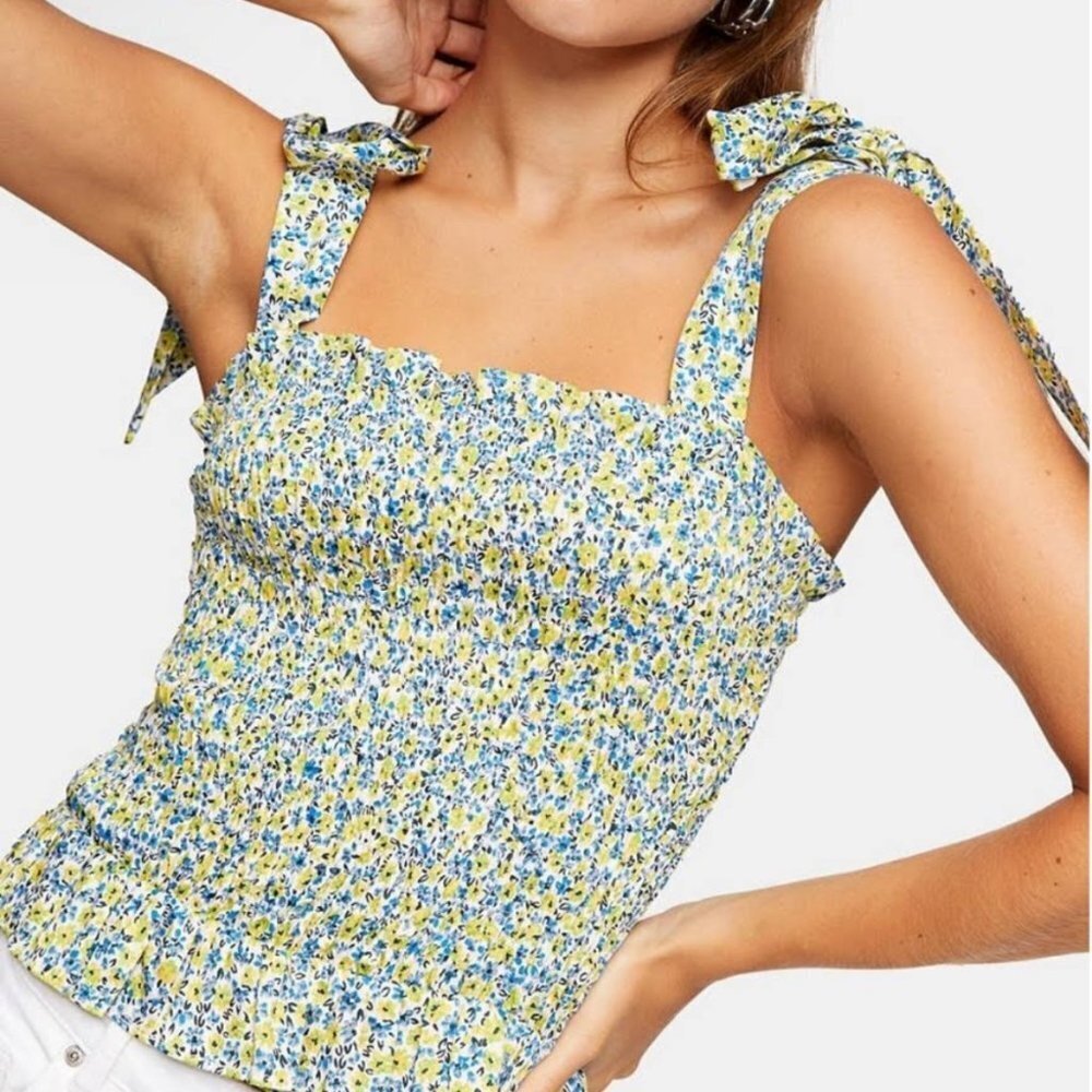 Topshop Floral Ruched Shoulder Tie Tank Top